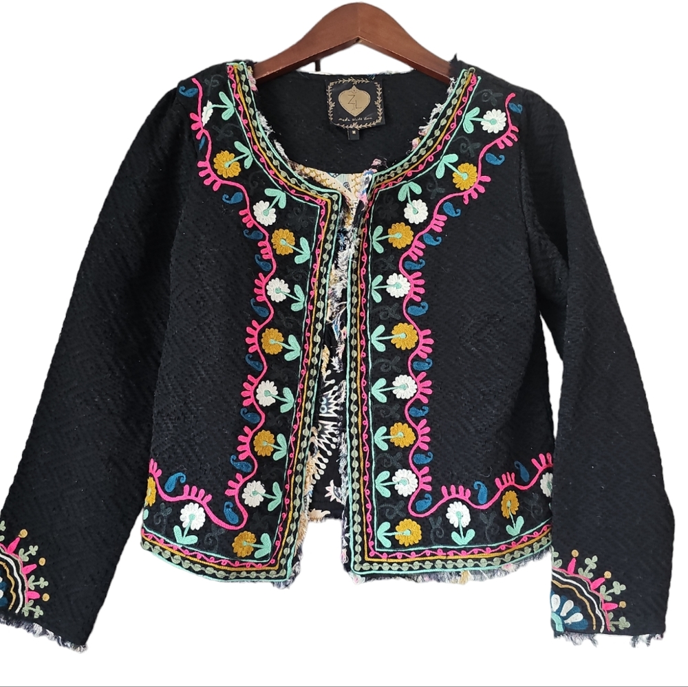Z&L Europe Embroidered Fringe Trim Open Front Black Embroidered Jacket‎ Size M